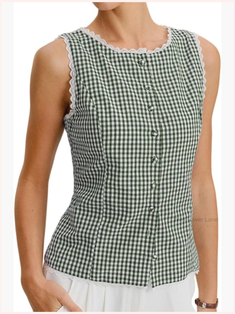 Sleeveless Plaid Button Down Blouse Lace Trim Fitted Waist Business Casual Top